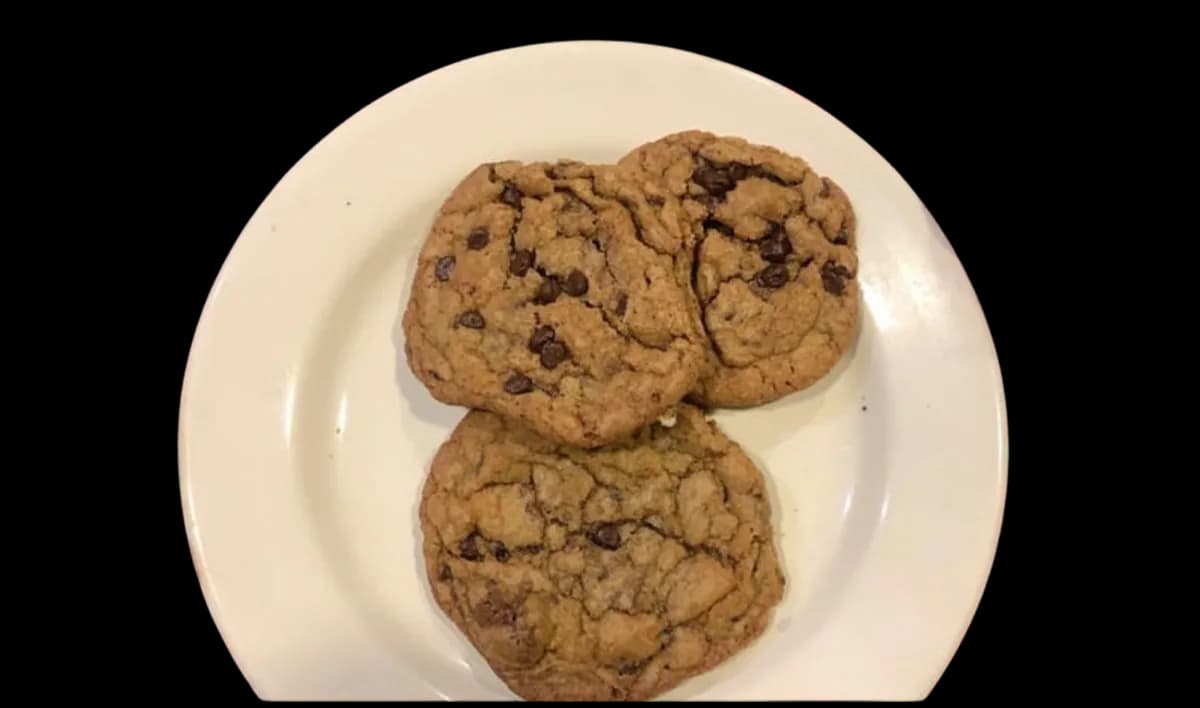 Three chocolate chip cookies on a plain white plate — the first batch.