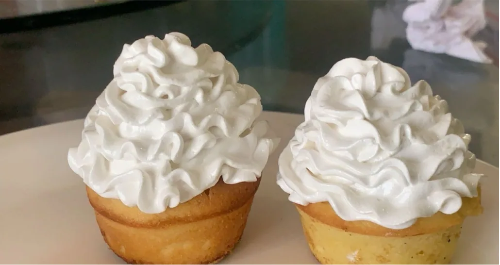 Two vanilla cupcakes piled high with piped white frosting.