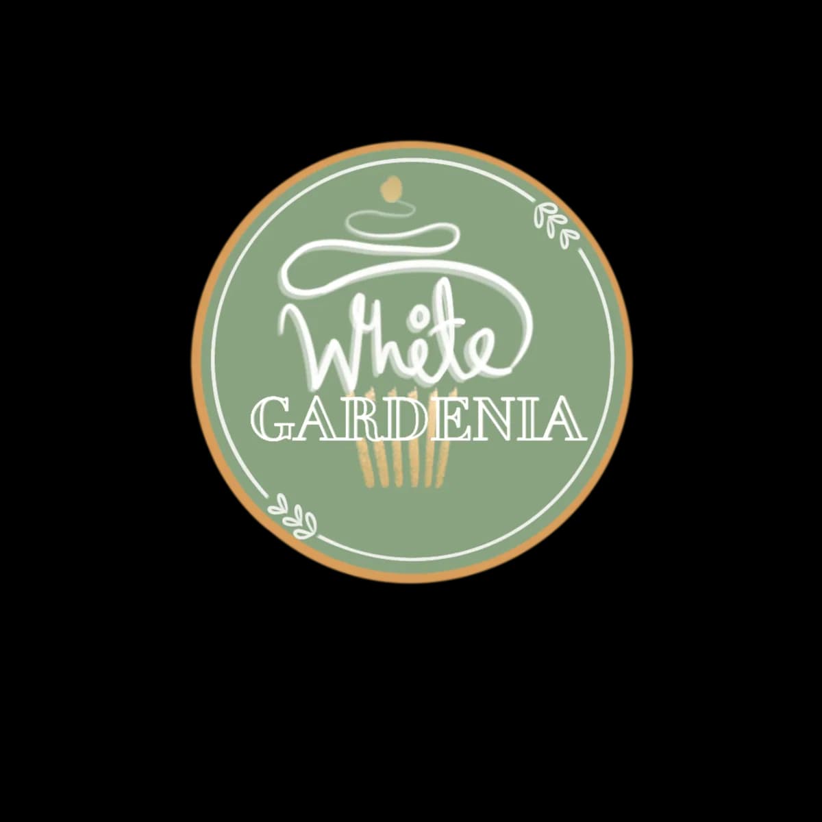The White Gardenia logo: a piped cupcake in a sage green roundel.